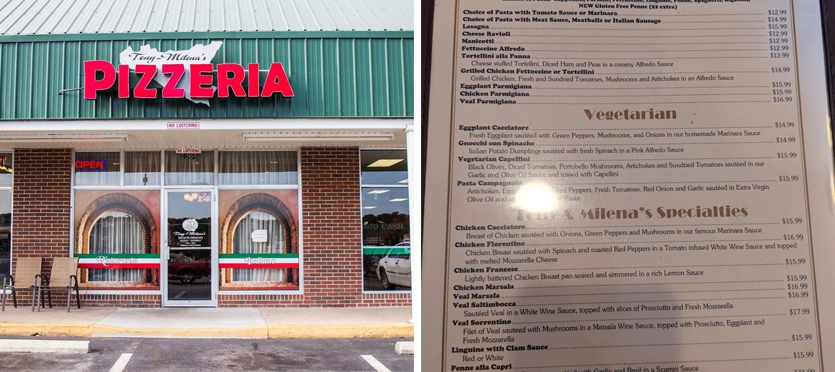 Tony & Milena's Pizzeria Inc Menu